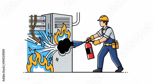 Technician sprays fire extinguisher on burning server
