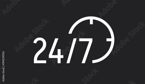 24/7 Service and Support Icon Set. Round-the-Clock Availability Symbols for Customer Care, Delivery, and Business Hours.