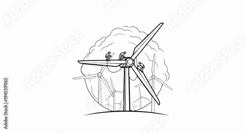 Workers maintain wind turbines against a cloudy sky background