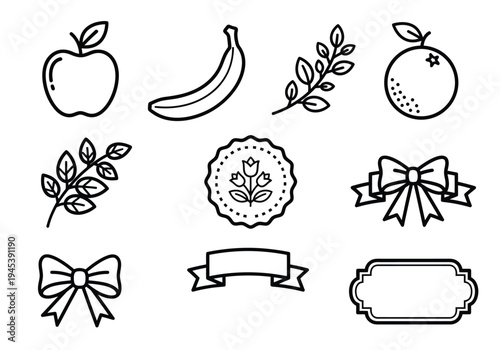 Set of 9 Outline Vector Icons Featuring Fruits, Floral Elements, Ribbons, and Frames for Graphic Design and Web Assets