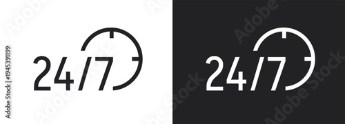 24/7 Service and Support Icon Set. Round-the-Clock Availability Symbols for Customer Care, Delivery, and Business Hours.