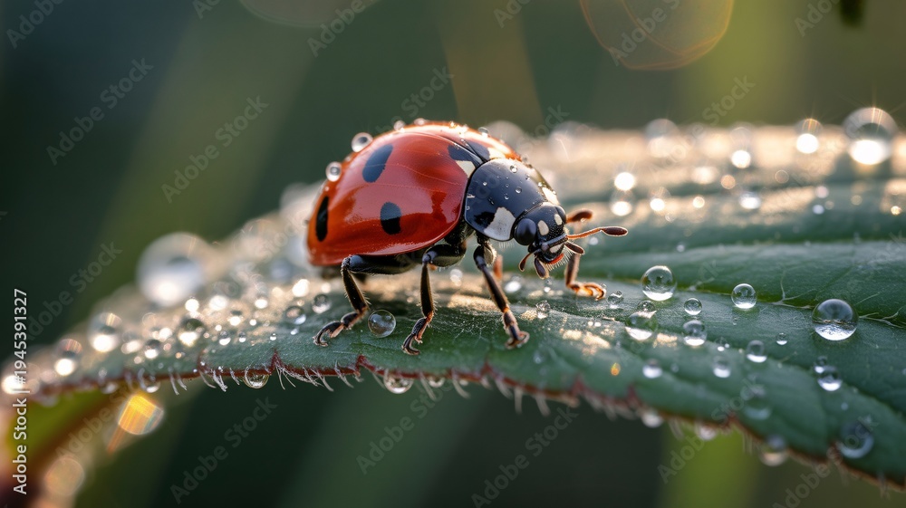 Obraz premium Macro Ladybug Walking on Dew Covered Green Leaf in Morning Sunlight
