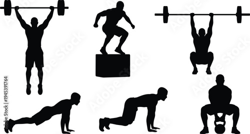 Fitness silhouettes of weightlifting, box jump, push‑ups, mountain climbers, kettlebell squat, diverse strength training exercise vector design illustration