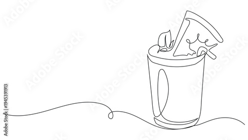 Continuous One Line Drawing of Watermelon Summer Drink with Garnish and Mint Leaves