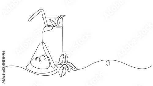 Continuous One Line Drawing of Fresh Watermelon Juice Glass with Straw and Mint, Editable Stroke 