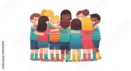 A group of diverse kids wearing colorful socks hug each other in a joyful and happy moment with a cartoon style illustration on a clean white background