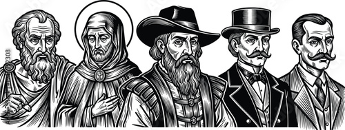 Vintage engraved portraits of historical thinkers explorers religious leader and gentlemen in classic woodcut style isolated vector illustration monochrome collection