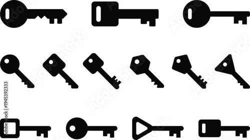 Vector set of metal keys and tools with antique silhouettes including gun shaped objects for security and lock design illustration