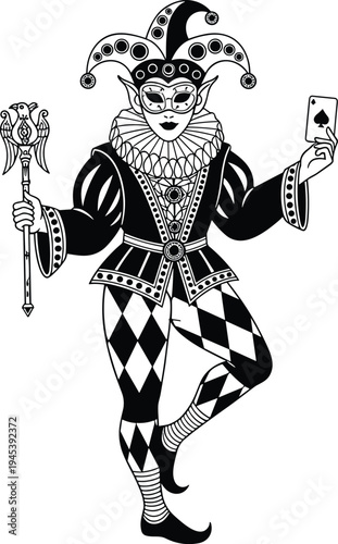 Vintage Joker Jester Character Holding Playing Card and Staff in Classic Black and White Engraving Style for Casino and Carnival Design