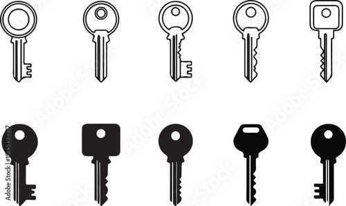 Vintage vector set of antique metal keys with silhouettes icons for door lock security design