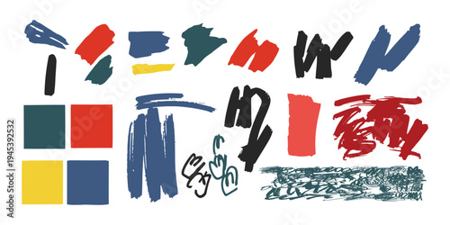 Abstract composition with geometric shapes and expressive brushstrokes in red blue yellow and black