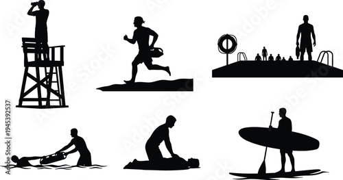 Lifeguard silhouettes on tower, beach rescue, pool watch, CPR, paddleboard patrol, aquatic safety vector design illustration