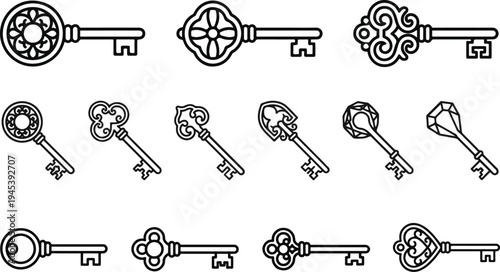 Vintage set of old keys vector illustration with antique metal key icons and silhouettes for lock security design pattern and decorative collection