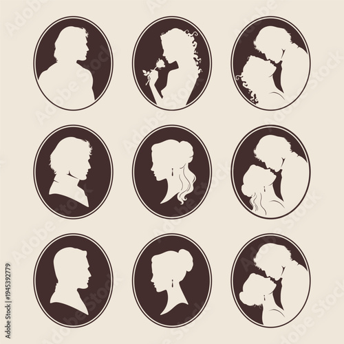 Vintage Cameo Silhouette Collection Romantic Victorian Portraits and Couples in Oval Frames Vector Illustration