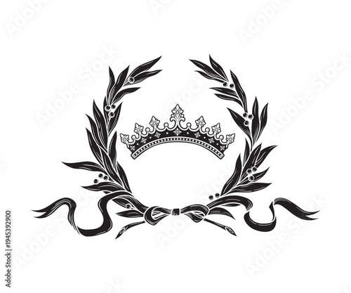 Hand drawn royal crown and laurel wreath vintage line art tattoo vector illustration isolated