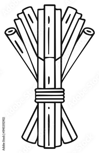 A tied bundle of wooden sticks or reeds shown in a simple black and white line art style