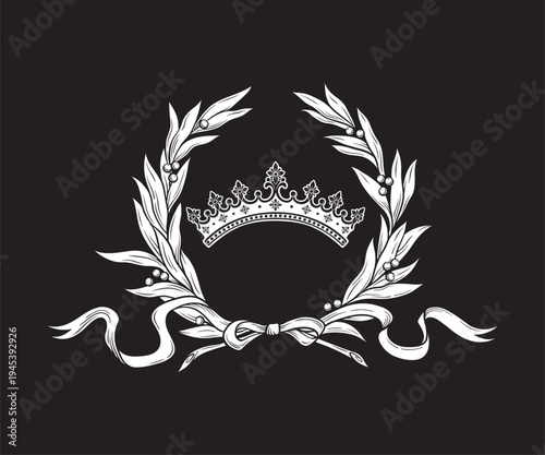 Hand drawn royal crown and laurel wreath vintage line art tattoo vector illustration isolated