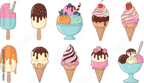 Colorful Ice Cream and Popsicle Dessert Collection with Waffle Cones, Sundae Cups, Chocolate Toppings, and Fruit Flavors for Summer Food Illustration
