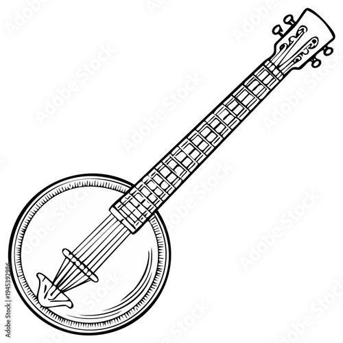 Banjo illustration, musical instrument line art, stringed instrument drawing, folk music icon, detailed doodle of banjo