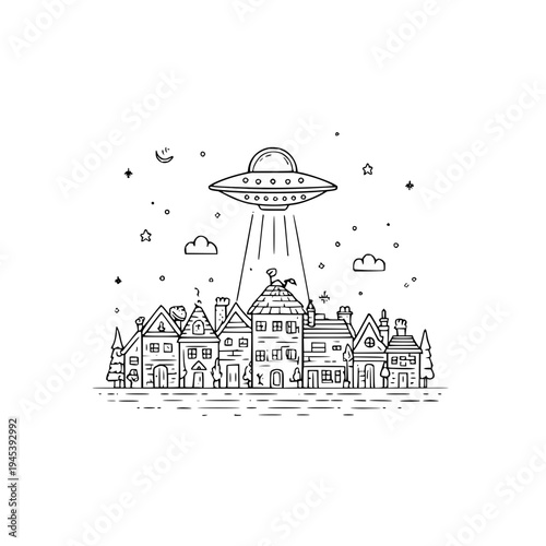 UFO Hovering Above Town with Houses and Stars
