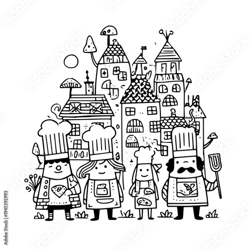 Chefs Standing in Front of Whimsical Castle Town