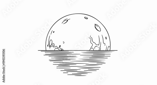 Stylized moon with craters reflected on wavy water surface