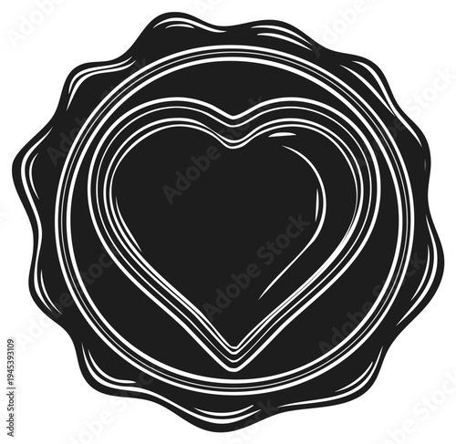 Black heart shape wax seal emblem with flowing lines and wavy border