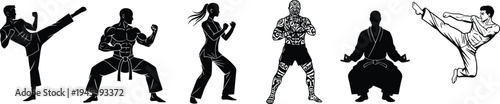 Martial arts silhouettes of athletes kicking, punching, meditating, flying kick, diverse combat stances vector design illustration