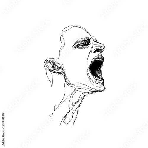 Screaming Man Face in Black and White Line Art