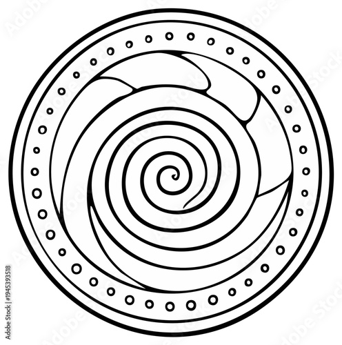 Decorative black and white spiral mandala design with outer circle and dots