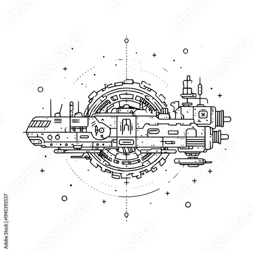 Space Station Orbiting Earth in Black and White Line Art