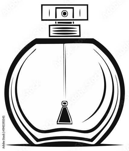 Elegant Round Perfume Bottle Illustration in Black and White, Fragrance Container Drawing with Spray Nozzle