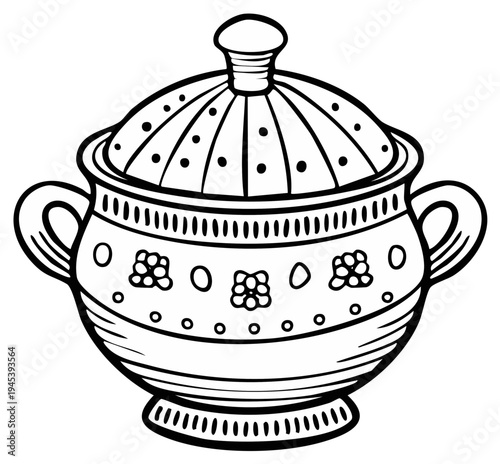 Illustration of a decorated soup tureen for coloring books or worksheets