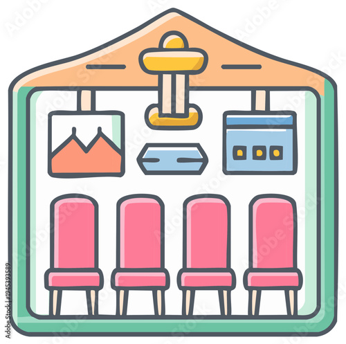 Interior view of a waiting area with pink chairs and display panels