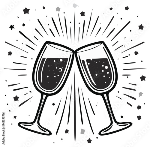 Celebratory Toasting Wine Glasses with Sparkling Bubbles and Starburst