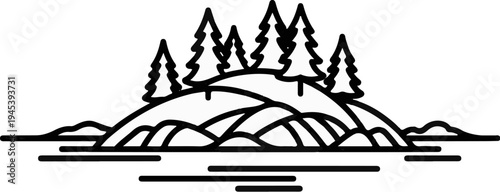 Stylized illustration of rolling hills with trees overlooking tranquil water