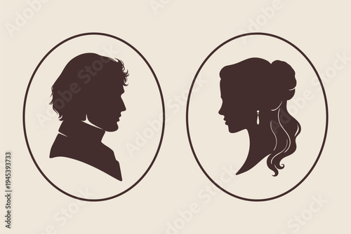 Romantic Couple Silhouette in Vintage Cameo Style Vector Illustration