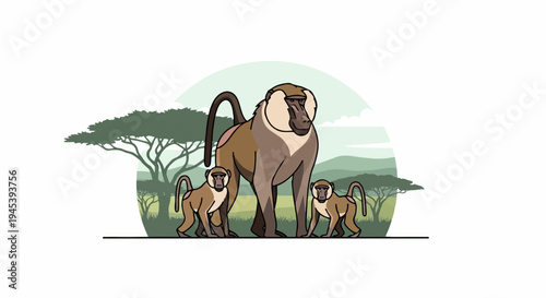 Stylized illustration of three baboons in a savanna landscape