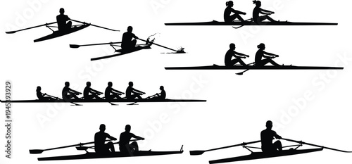 Rowing silhouettes of single scull, double scull, four‑person team, dynamic water sport coordination vector design illustration
