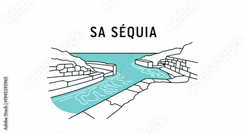 Stylized drawing of a water channel with stone walls
