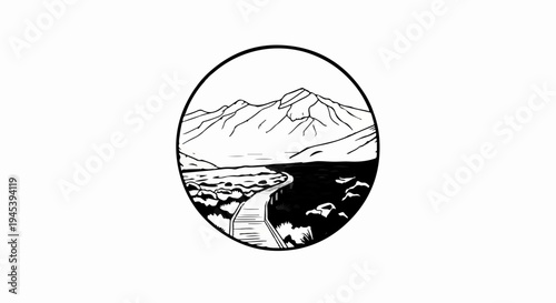 Stylized ink drawing of a mountain range with a pathway leading into dark terrain