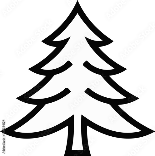 Stylized evergreen tree outline, simple, graphic, bold black lines on white