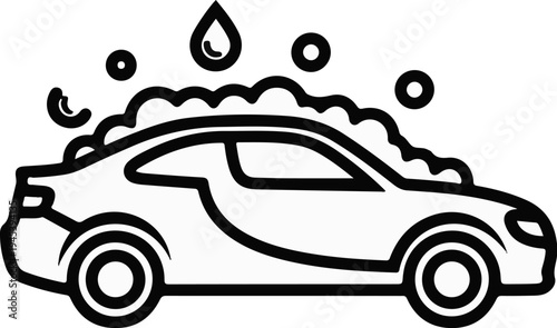 Stylized line art of a car being washed with soap bubbles and water drops
