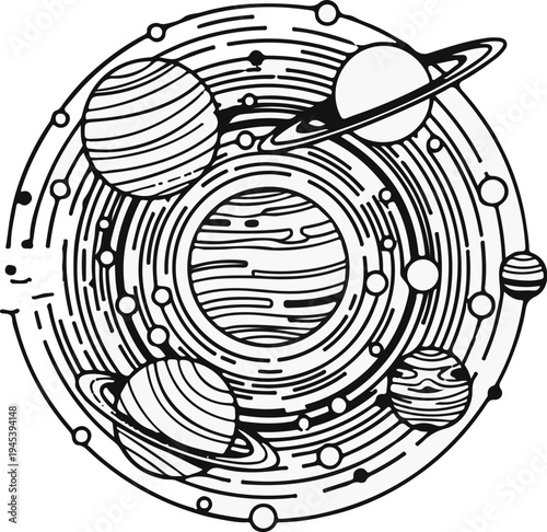 Stylized circular depiction of a solar system with planets and orbits