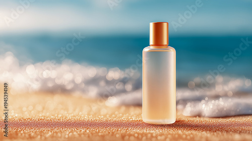 Minimal bottle sunscreen skincare product standing on beach sand with ocean background in summer travel scene. Cosmetic packaging mockup used for beauty marketing and vacation skincare promotion