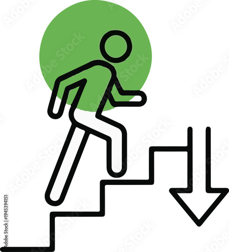 Stylized figure ascending stairs with a green circle above