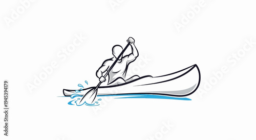 Stylized figure paddling a canoe through blue water splashes