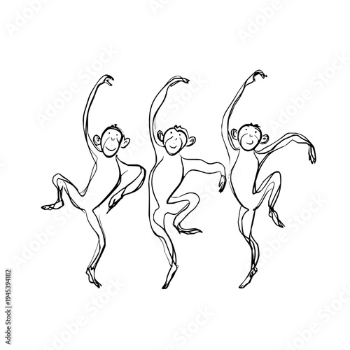 Dancing Monkeys Line Art on White Background