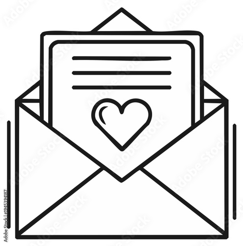 Open Envelope With Heart Symbol and Message Outline Drawing