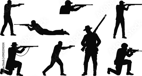 Shooting silhouettes with rifles, pistols, sniper crouch, Western gunslinger, tactical combat stances, firearm training vector design illustration